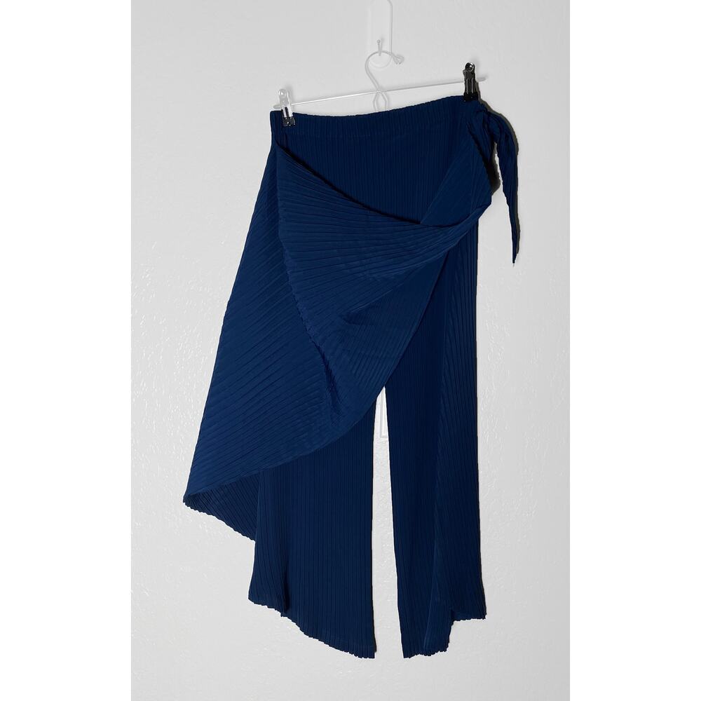 Issey Miyake Womens Blue Pleated Wide Leg Pants Side Sash Rounded Edge Lagenlook - Picture 2 of 15